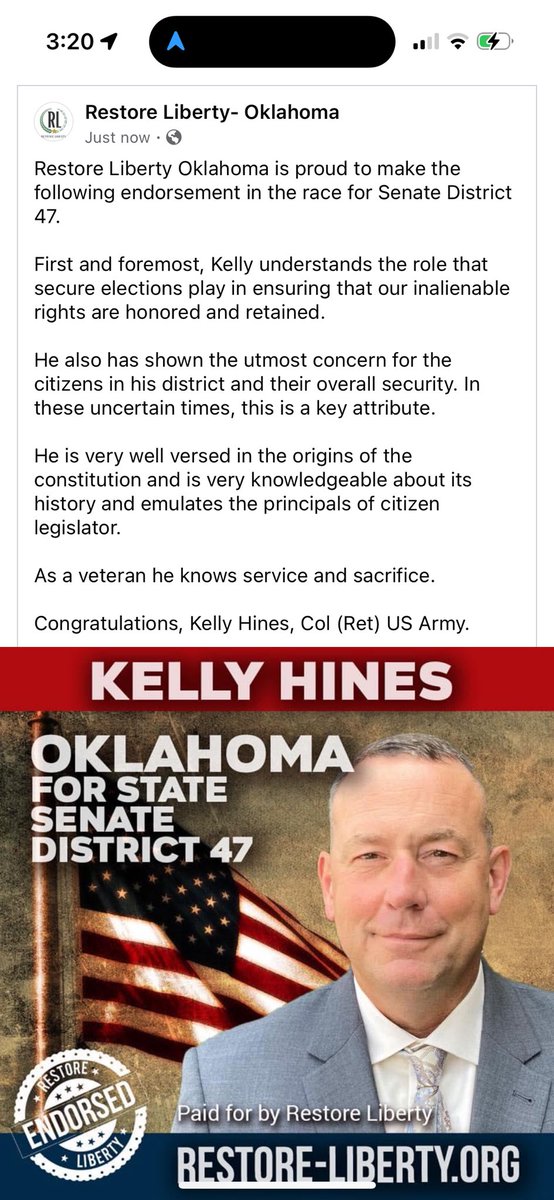 We are proud to make the following endorsement in Oklahoma for a Constitutional candidate. @RrestoreLiberty