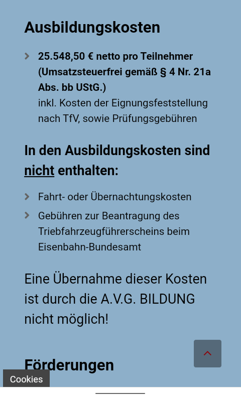 Lokführer habe ich mir immer als Berufsausbildung vorgestellt, mit etwas Gehalt für die Auszubildenden. Jetzt habe ich gelesen, dass es in Spanien 21k€ kostet und habe dann auf Deutsch gegoogelt: 25k€. Ein LKW-Führerschein kostet ja auch.
@LBelenesR 
avg-bildung.de/triebfahrzeugf…