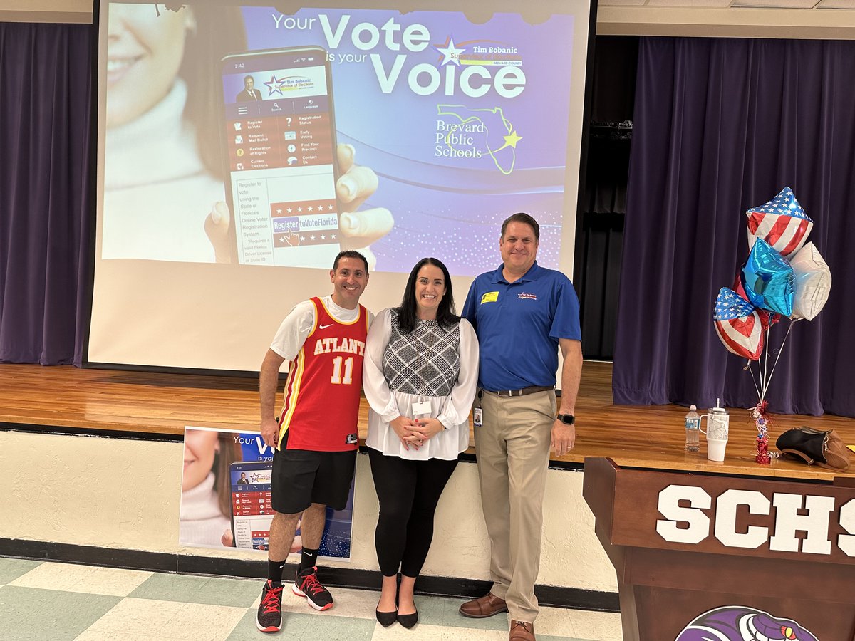 1/3 Space Coast Jr/Sr High School rolled out the welcome mat for today’s Your Vote Is Your Voice voter registration drive assembly - and during Spirit Week too! Thank you to Principal Flora and Asst. Principal Jackson for all your help in making today such a successful event.