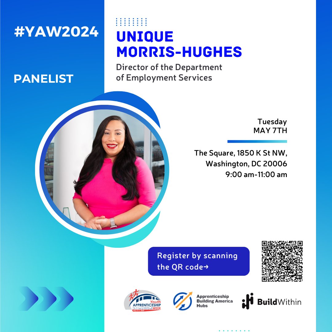 🔊 Excited to announce a Panelist for our May 7th National Youth Apprenticeship celebration in Washington DC, @DrUniqueMH, Director of @DOES_DC. 🔗 Register Now bit.ly/3QkndwH 📅May 7th, 9:00 - 11:00 AM 📍1850 K St., NW, Washington, DC 20006 #YAW2024 #ApprenticeshipUSA