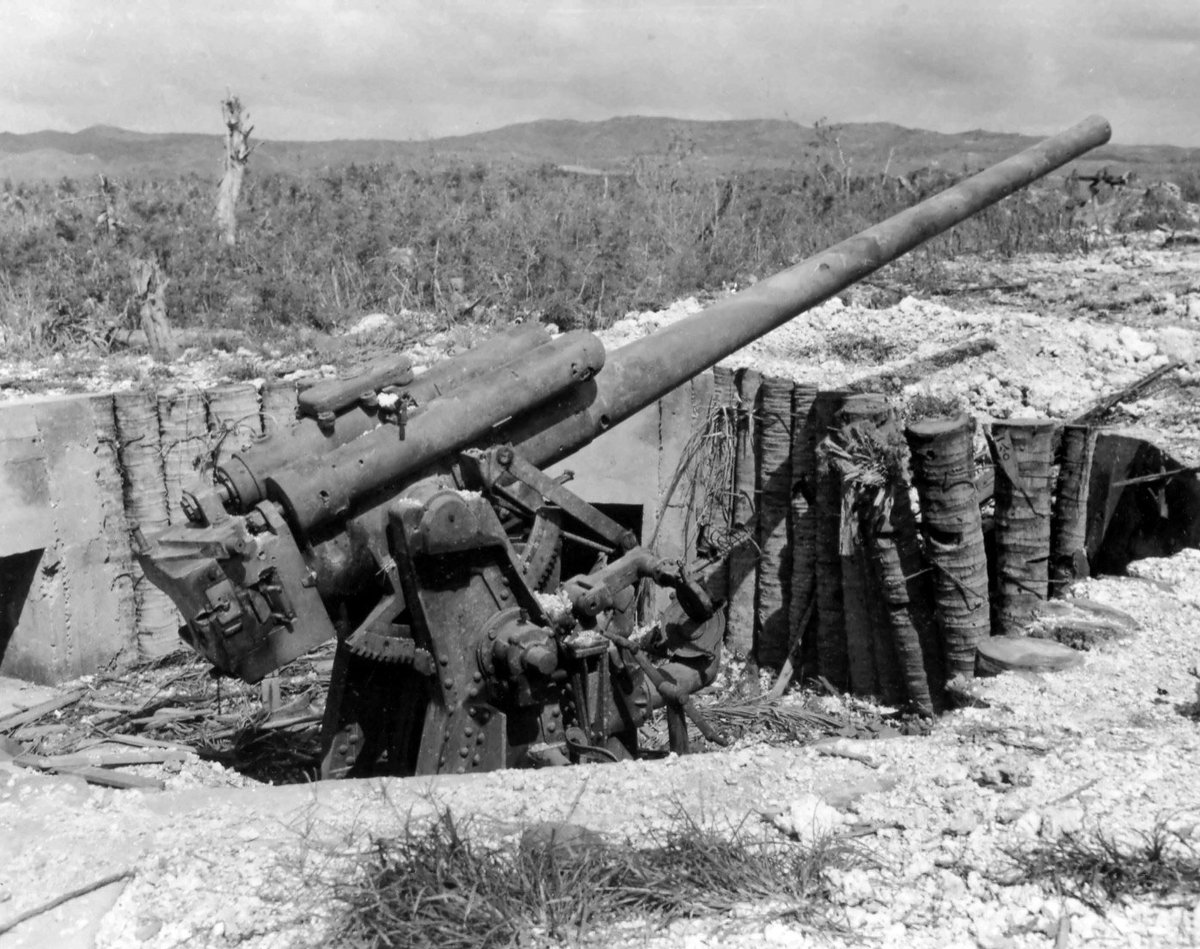 A Japanese 120mm dual-purpose gun on hill east of the Orote Peninsula Airfield, Guam, on October 5, 1944.

#History #WWII