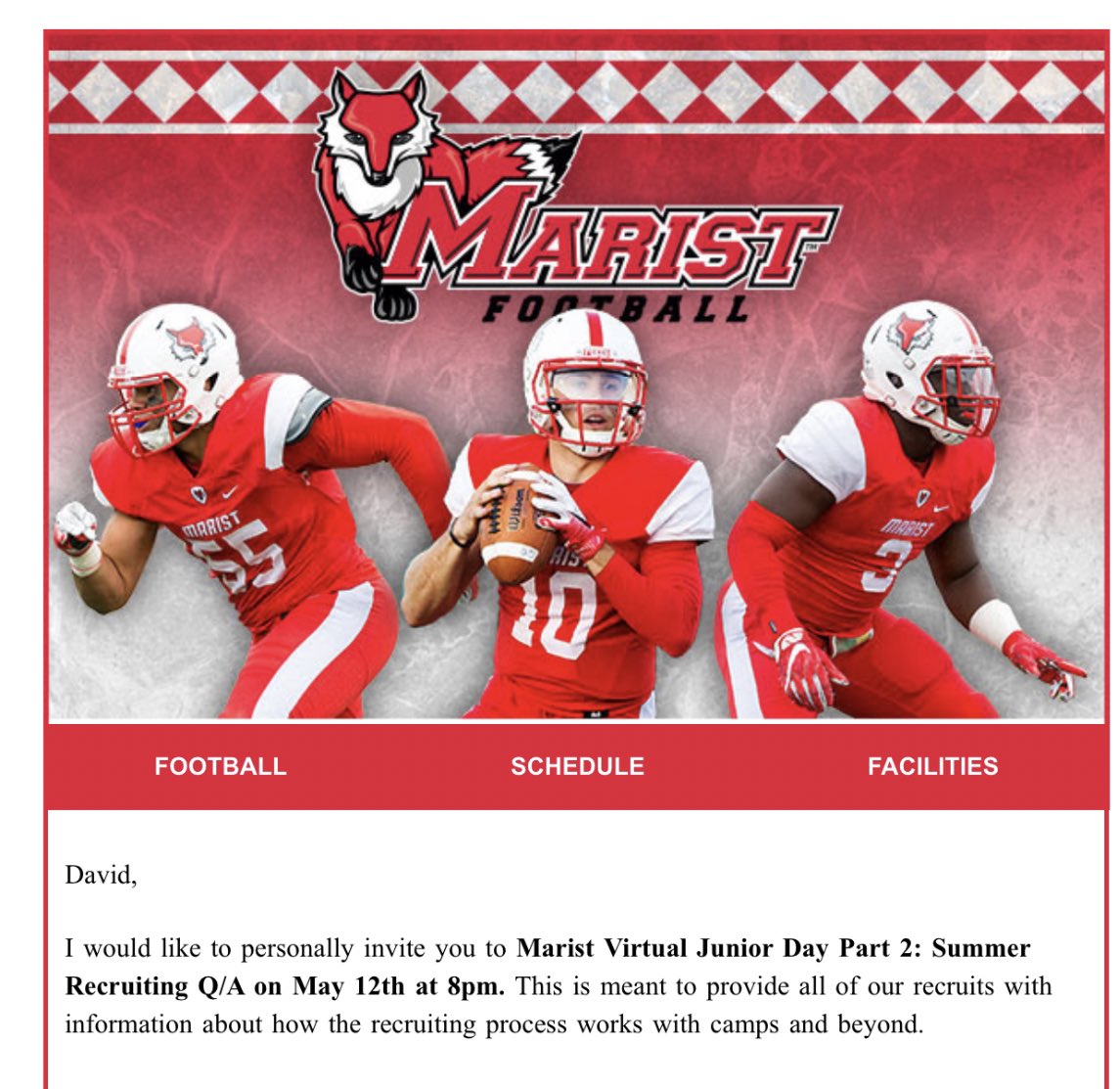 Big thank you to @CoachMWillis for the invite to the Virtual Junior Day at Marist! I can’t wait to learn more about the school and the program. @Marist_Fball @CNendick25 @Coach_Yos @CoachSco355 @CHSFootball100