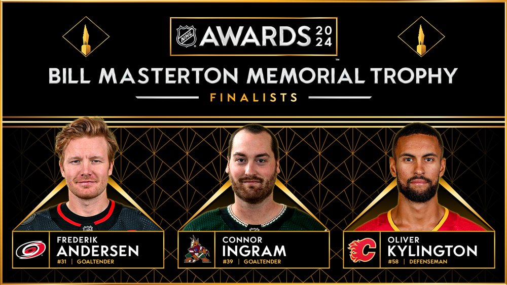 2024 Masterton Trophy finalists, as voted by @ThePHWA: Frederik Andersen (CAR), Connor Ingram (ARI) and Oliver Kylington (CGY). So many deserving candidates this year. Really difficult to pick three.