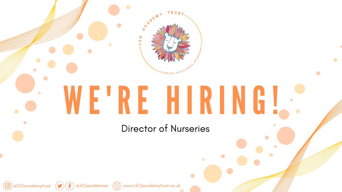 Come and lead the development of new and existing nursery provision at @LEOacademies. 📝 Director of Nurseries 📆 Start Date: September 2024 ⏰ 0.6 💷 Salary: L7-12 (Outer London) Apply by 8 May. 👉 leoacademytrust.co.uk/3160/director-… #Learning #Excellence #Opportunity 🦁