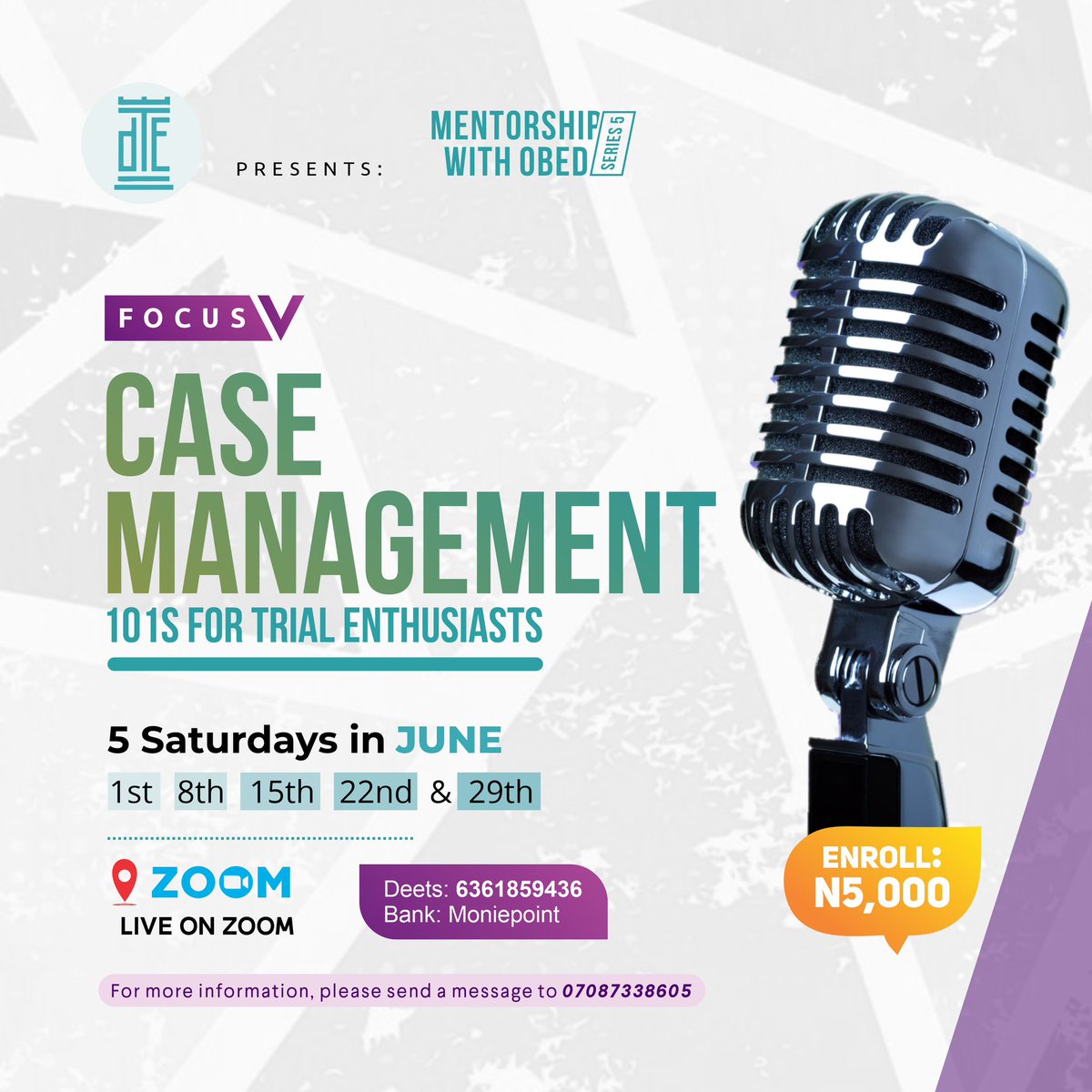 Dear trial enthusiasts I imagine the flier below meets you well. Mentorship with Obed (MWO) Series 5 is here!! The focus is on case management. Let’s talk strategies. Please check the flier for more information, and leave a direct message if interested in this workshop. 🥂