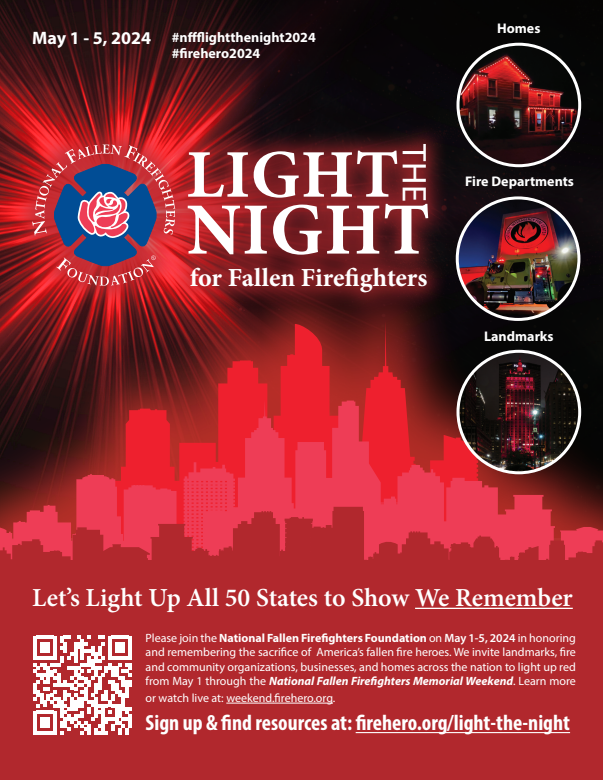 Join @BSFD_Greenville Stations 11 & 14 as we honor America's fallen firefighters from May 1st to May 5th, lighting up in red with the National Fallen Firefighters Foundation. Let's stand together in remembrance. #nffflightthenight2024 #firehero2024 @NFFF_News