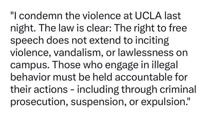 .@GavinNewsom releases statement condemning violence at pro-Hamas encampment at UCLA.