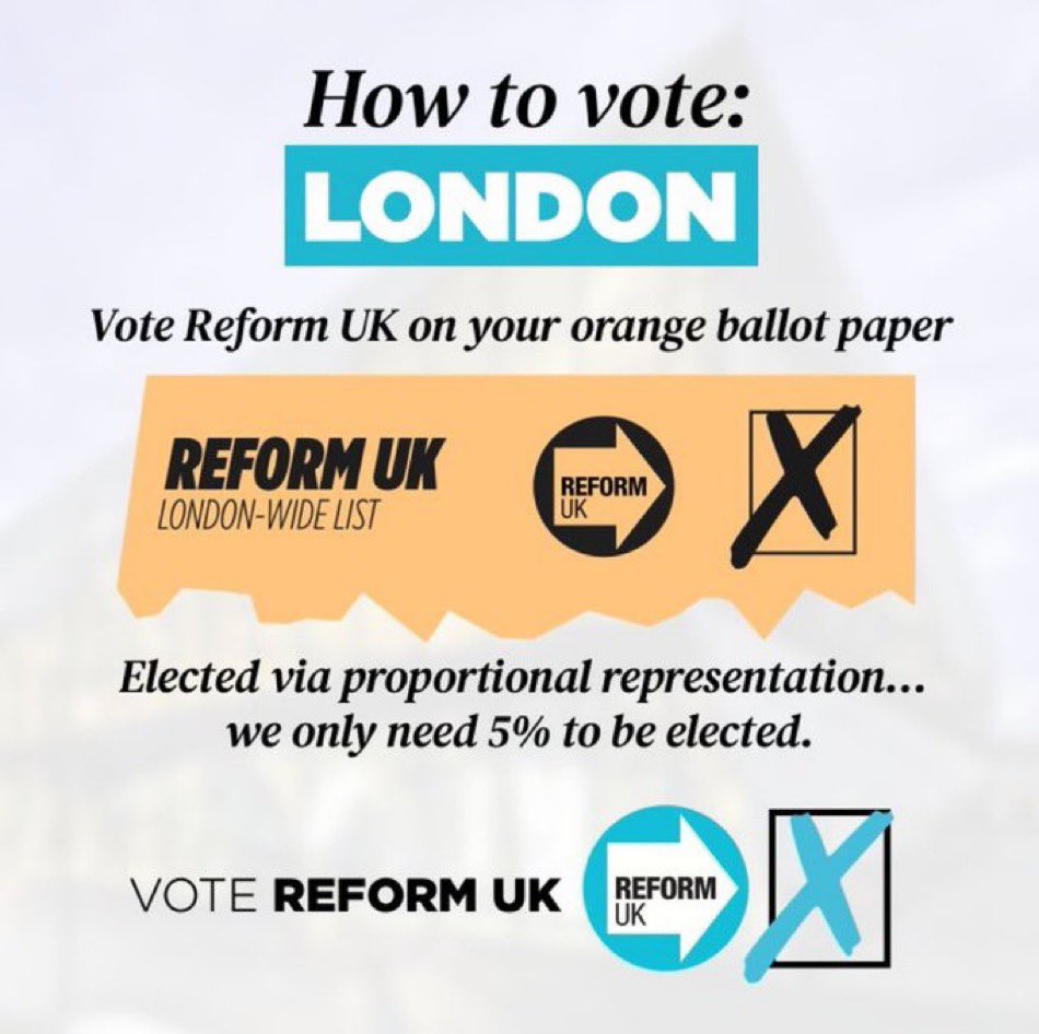 VOTE REFORM UK In London, there is no such thing as a wasted voted Vote @reformparty_uk get Reform UK London uses a PR system, if you want reform in London, vote Reform UK & @HowardCCox We can make it happen, tell your family, friends, neighbours & colleagues 🇬🇧 🗳️