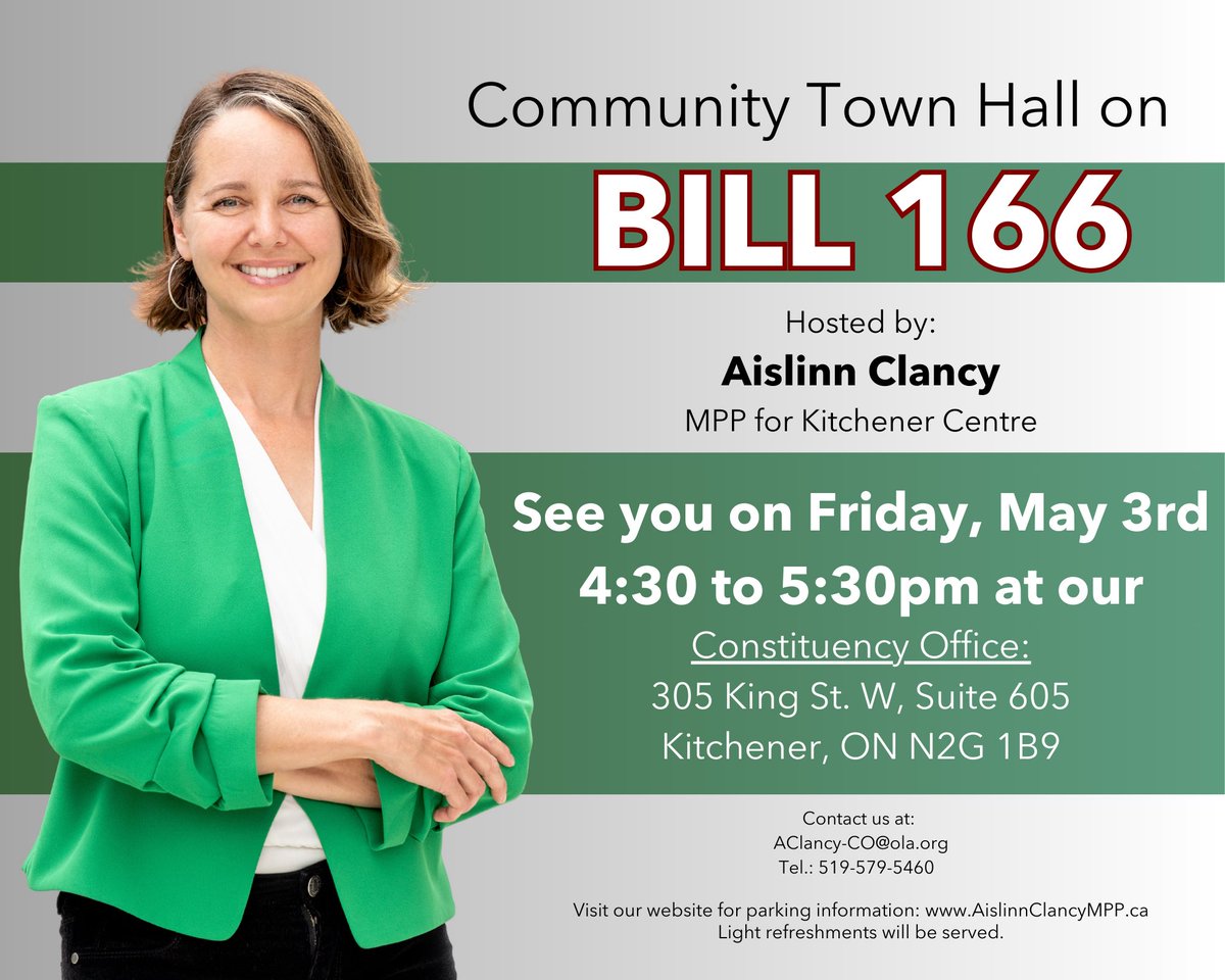 I'm excited to be hosting a community townhall this Friday to discuss my advocacy around Bill 166. A lot has happened at Queen's Park over the past few months and I see the need for our community to come together at this time. Time and location in the flyer. See you there!