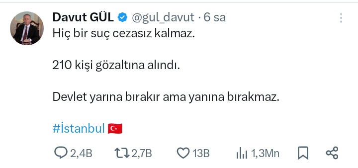 İstanbul Valisi Davut Gül, 1 Mayıs İşçi Bayramı'nı Taksim'de kutlamak için direnen işçi, öğrenci ve sendika üyelerini 42 bin polisle gözaltına almanın 'zaferini' sosyal medya paylaşımıyla kutladı: