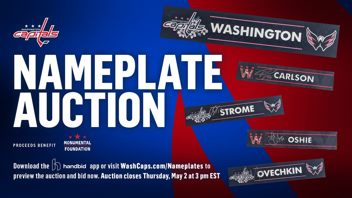 Last chance to bid in our @Capitals Nameplate Auction at WashCaps.com/Nameplates Auction closes TOMORROW at 3 p.m. EST with proceeds benefiting MSE Foundation, the official charity of the Caps!