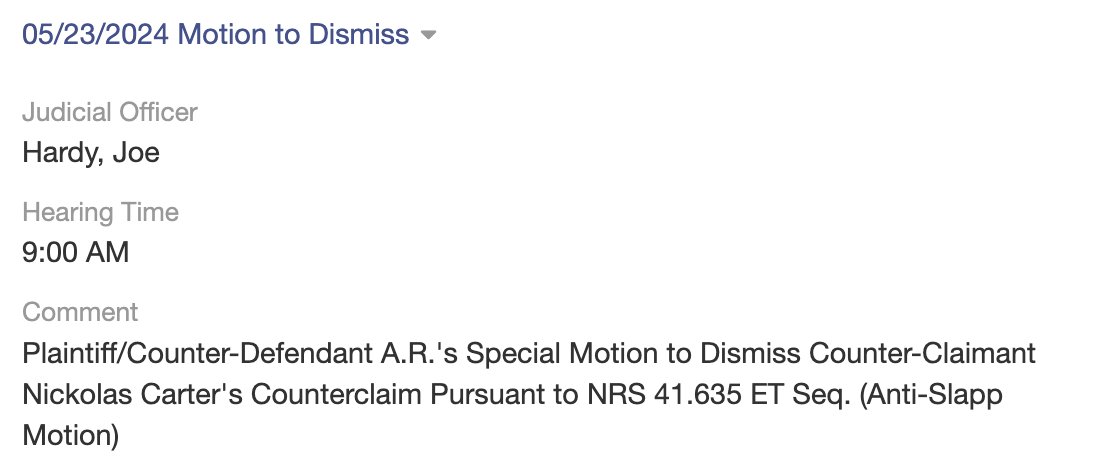 🐊 Update RE Nick Carter's Las Vegas case...

The anti-slapp hearing scheduled for tomorrow has moved to May 23.

If you're playing catch up -- read the hundreds of pages of evidence/witness testimony he filed:
drive.google.com/drive/folders/…

His accuser Ashely Repp has filed none.