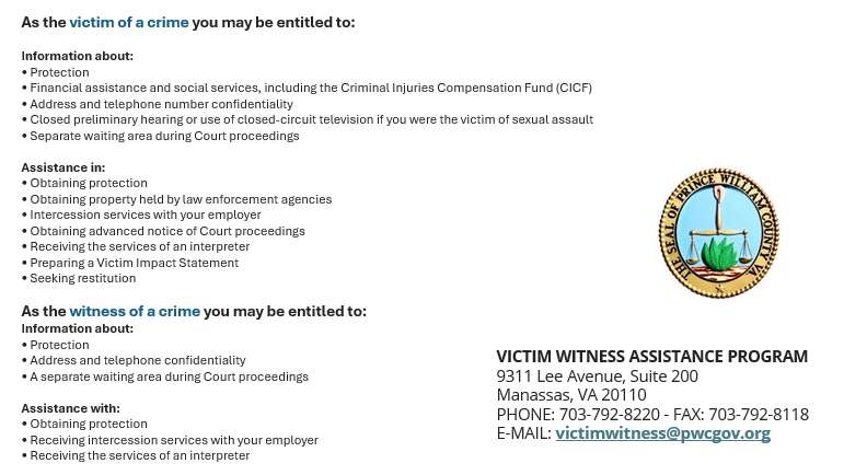 The #VictimWitness Assistance program, administered by the CA was established in 1989 with the primary goal of assisting crime #victims & their families throughout the criminal justice process & to ensure they receive fair & compassionate treatment. Visit: pwcva.gov/department/com…