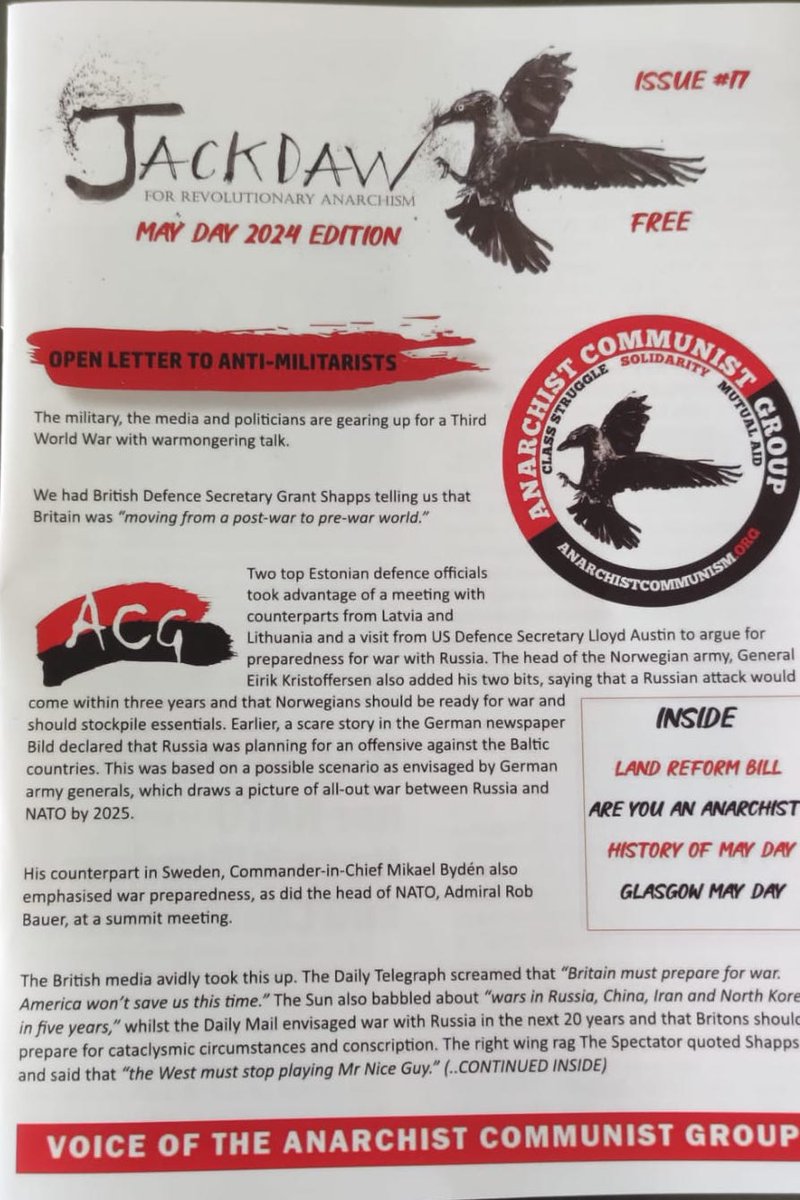May Day edition of JACKDAW — for revolutionary anarchism. The Anarchist Communist Group's free paper. Now available from the usual suspects. anarchistcommunism.org/2024/04/30/jac…