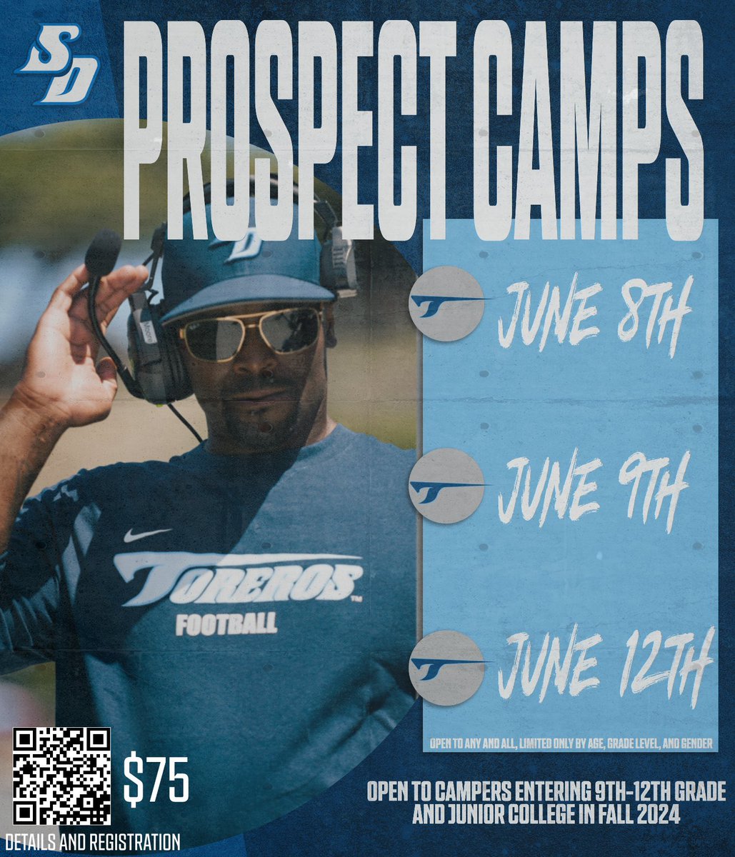 🚨Don’t forget about Prospect Camp this summer in sunny San Diego! 🚨

Come work with all our coaches and get evaluated! 

#GoToreros