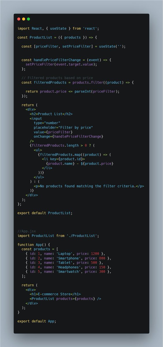 anik_radwan's tweet image. Real-world Application
Imagine you're tasked with building an e-commerce website using React, and you need to implement a feature allowing users to filter products based on their price range. Here's how we could use the filter function
#ReactInterview #FrontEndDeveloper