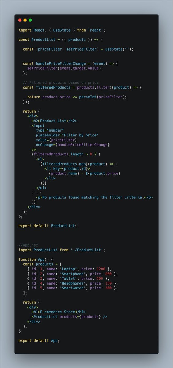 Real-world Application
Imagine you're tasked with building an e-commerce website using React, and you need to implement a feature allowing users to filter products based on their price range. Here's how we could use the filter function
#ReactInterview #FrontEndDeveloper