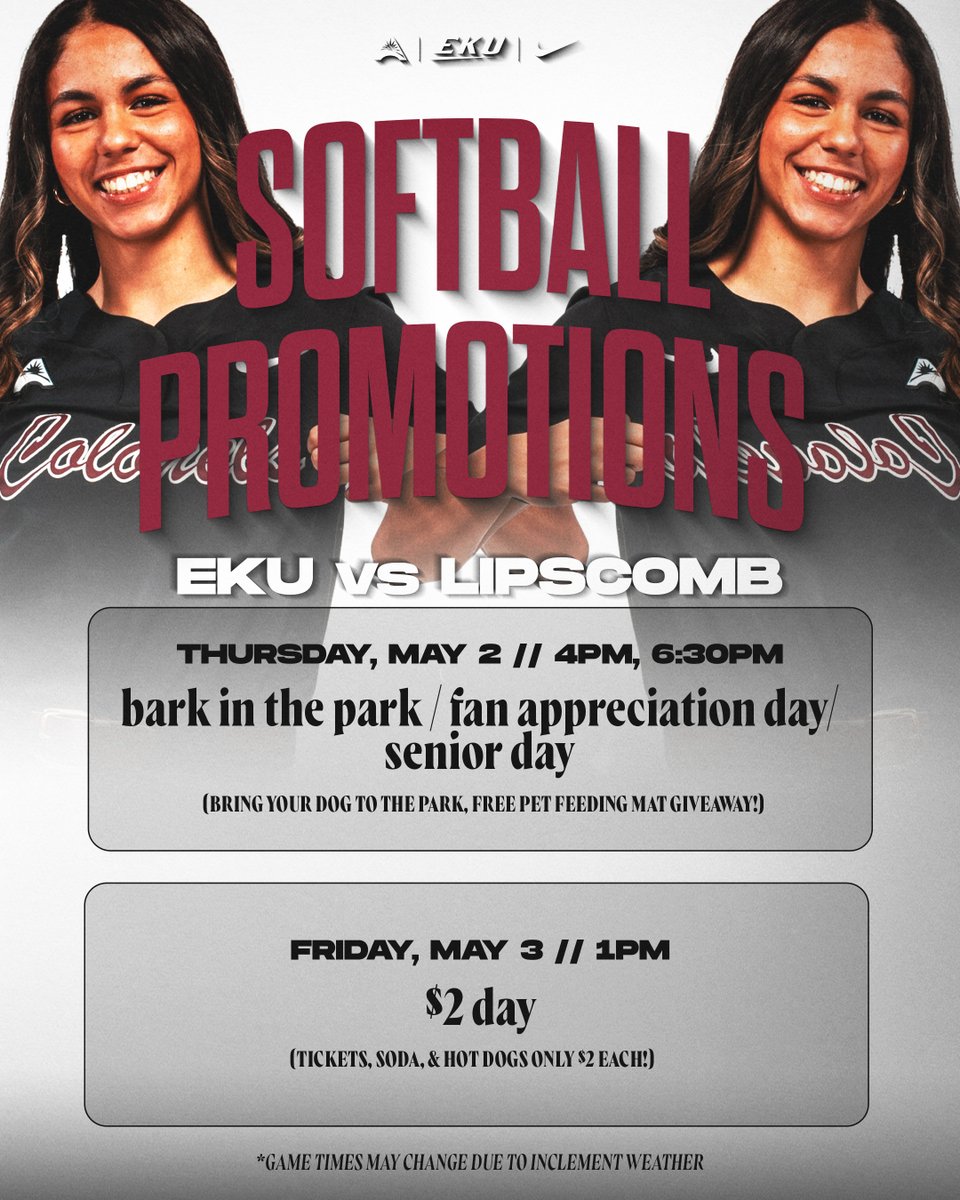 We have two days stacked with exciting promos on the diamond with the @ASUNSports Regular Season Champs, @EKU_Softball!

Be sure to join us tomorrow for...
- Senior Day
- Fan Appreciation Day
- Bark In The Park

Plus, $2 Day on Friday!

#GoBigE