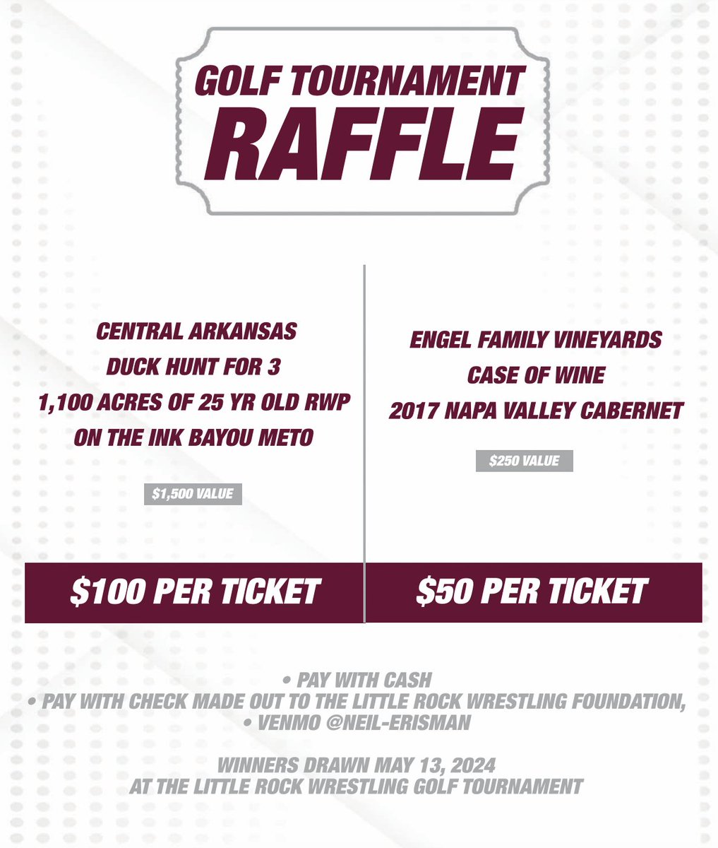 Support the Little Rock wrestling team with a chance to win in our raffle! Email acwhite3@ualr.edu to get your tickets today.

Sign up for our golf tournament here ➡️ bit.ly/4blPcoa

#LittleRocksTeam | #ROCKedUp