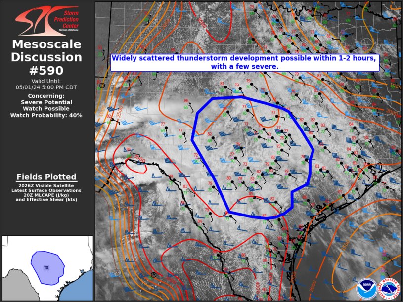 Mesoscale Discussion 0590 NWS Storm Prediction Center Norman OK 0333 PM CDT Wed May 01 2024 Areas affected...South central Texas Concerning...Severe potential...Watch possible Valid 012033Z - 012200Z Probability of Watch Issuance...40 percent SUMMARY...