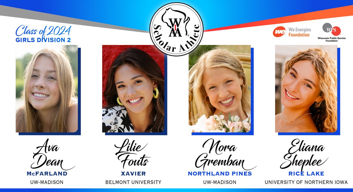 Congratulations to the 2024 WIAA Girls - Division 2 Scholar Athlete Award Recipients! ✨📚

Ava, Lilie, Nora and Eliana are all WIAA State Champions with a combined 13 State Titles and 36 varsity letters! #WIAAScholarAthlete