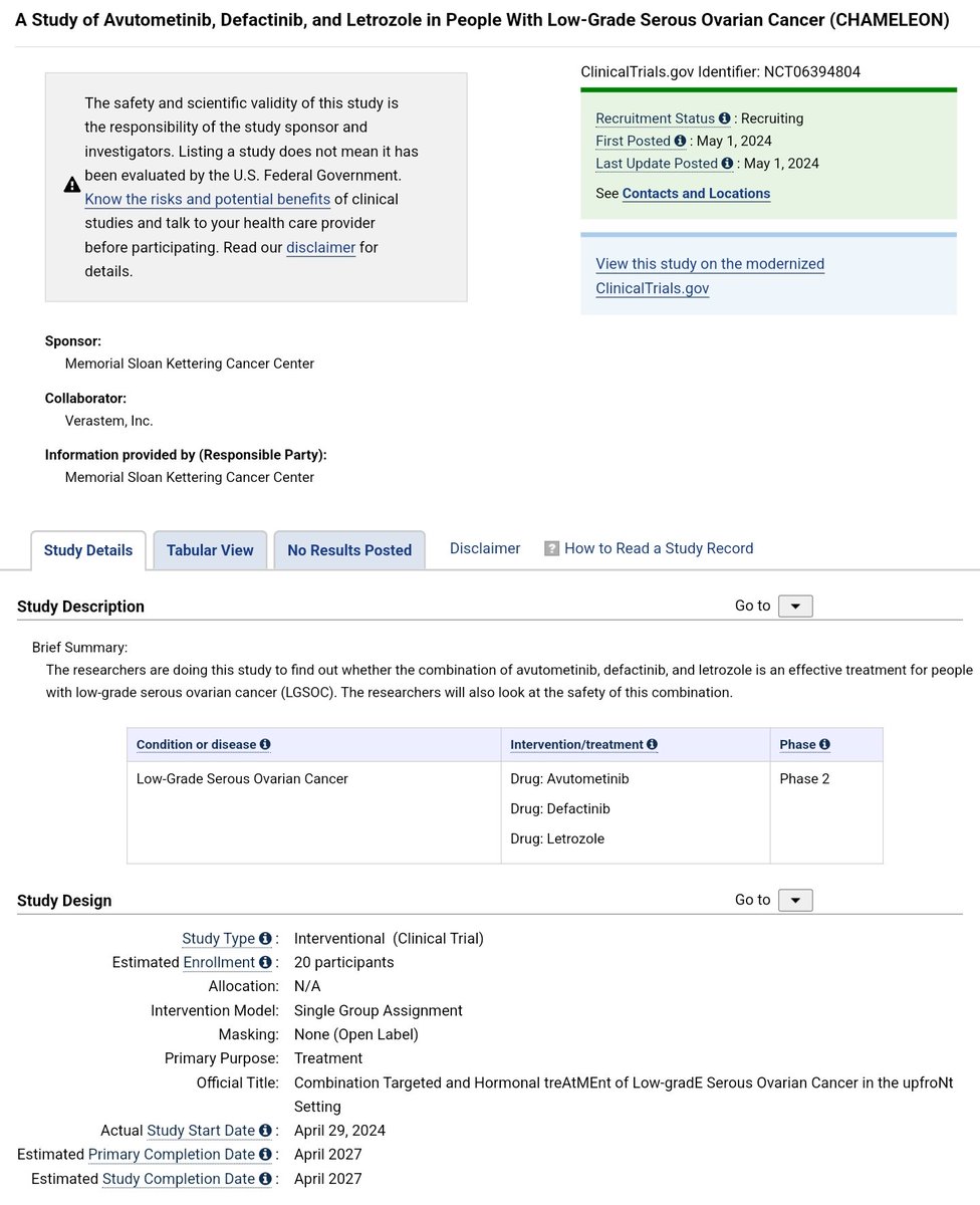 🔸️NCT06394804 🎯 🔹️A Study of Avutometinib, Defactinib, and Letrozole in People With Low-Grade Serous Ovarian Cancer (CHAMELEON). 🔹️Outside of clinical trials, there's very little to offer to women with #LGSOC type of #ovariancancer in both, frontline and recurrent setting.