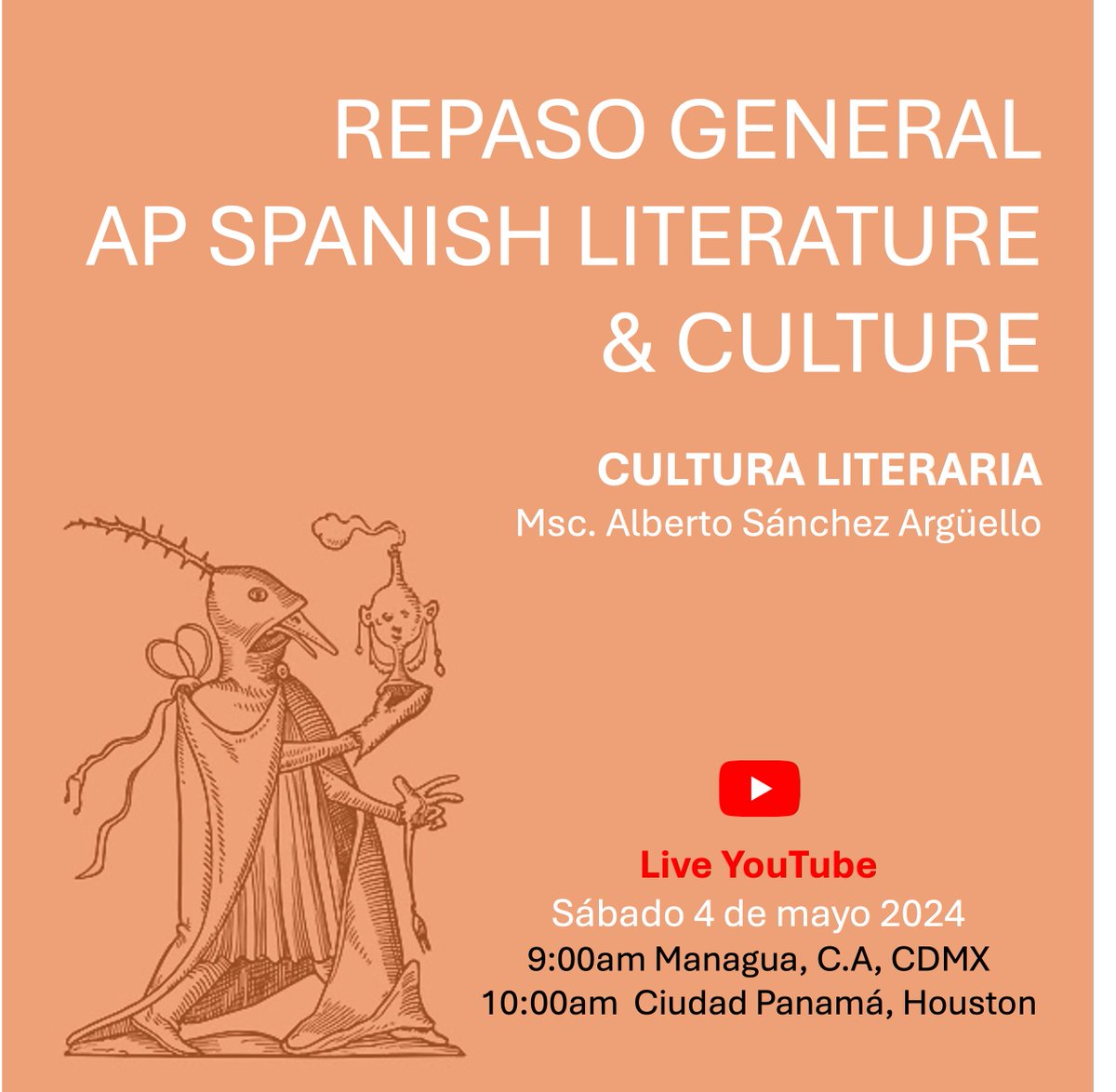 ¡Nos vemos este sábado 4 de mayo para un repaso general del curso de AP Spanish Literature &amp; Culture en el canal de YouTube de Cultura Literaria! Ese día podrán dejar comentarios en vivo también. ¡Hasta entonces! #apspanishliterature #apspanishlit