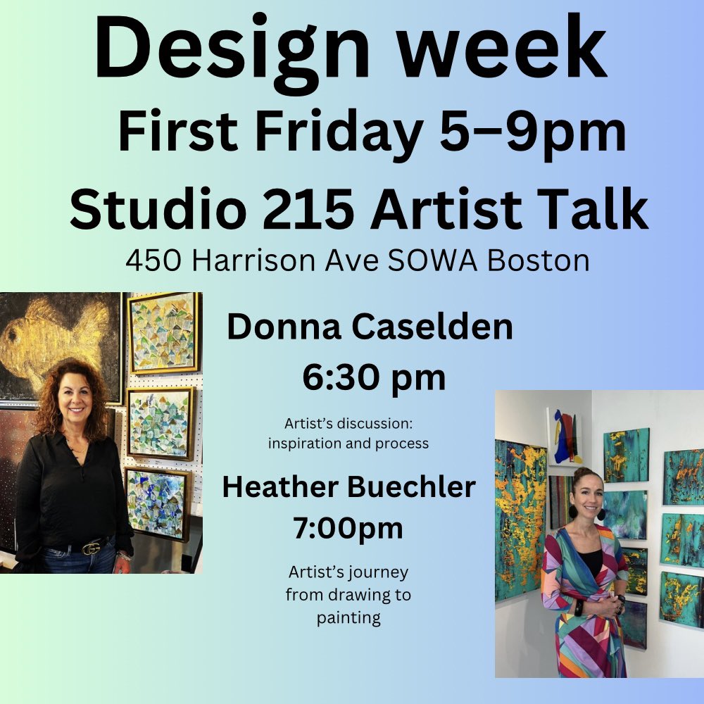 HeatherBuechler's tweet image. @dcaselden and @heatherbuechler Artists’ talk celebrating #bostondesignweek!

Studio 215 -come join us for celebration, fun talks, and wine!
5-9pm - SOWA First Friday​, 450 Harrison Avenue, Boston

#interiordesign #designdeinteriores #designboston @sowaartistsguild #sowaboston