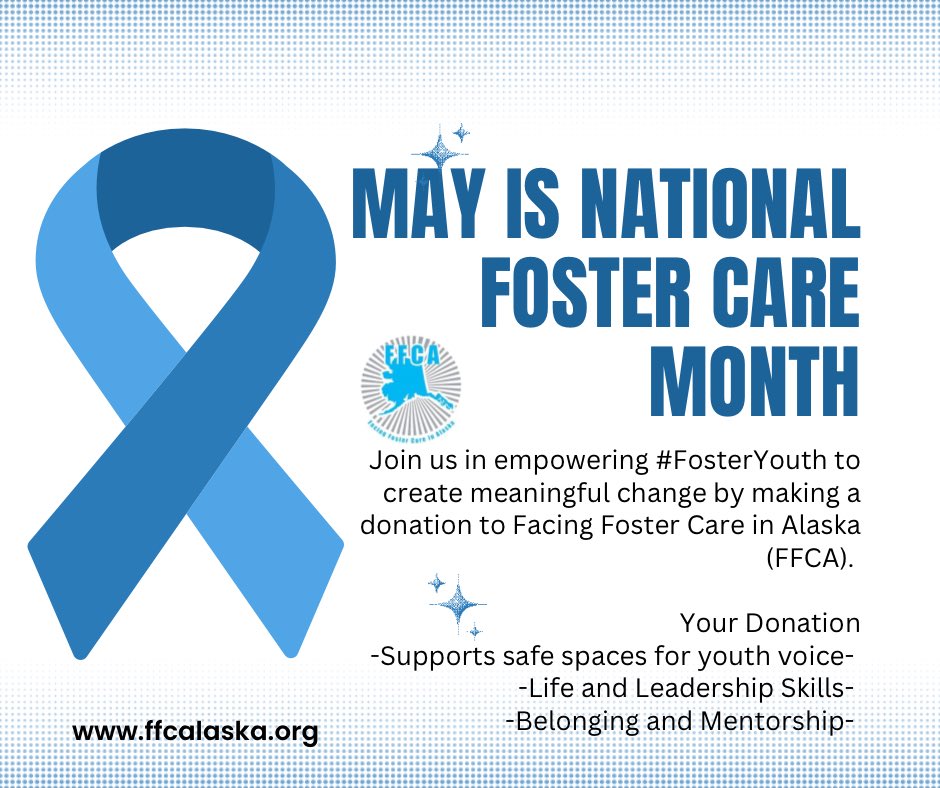 Join us in empowering #FosterYouth to create meaningful change. Donate at at ffcalaska.org💙
 
Your Donation
-Supports safe spaces for youth voice- 
-Life and Leadership Skills- 
-Belonging and Mentorship #NationalFosterCareMonth #FFCA #FosterYouth