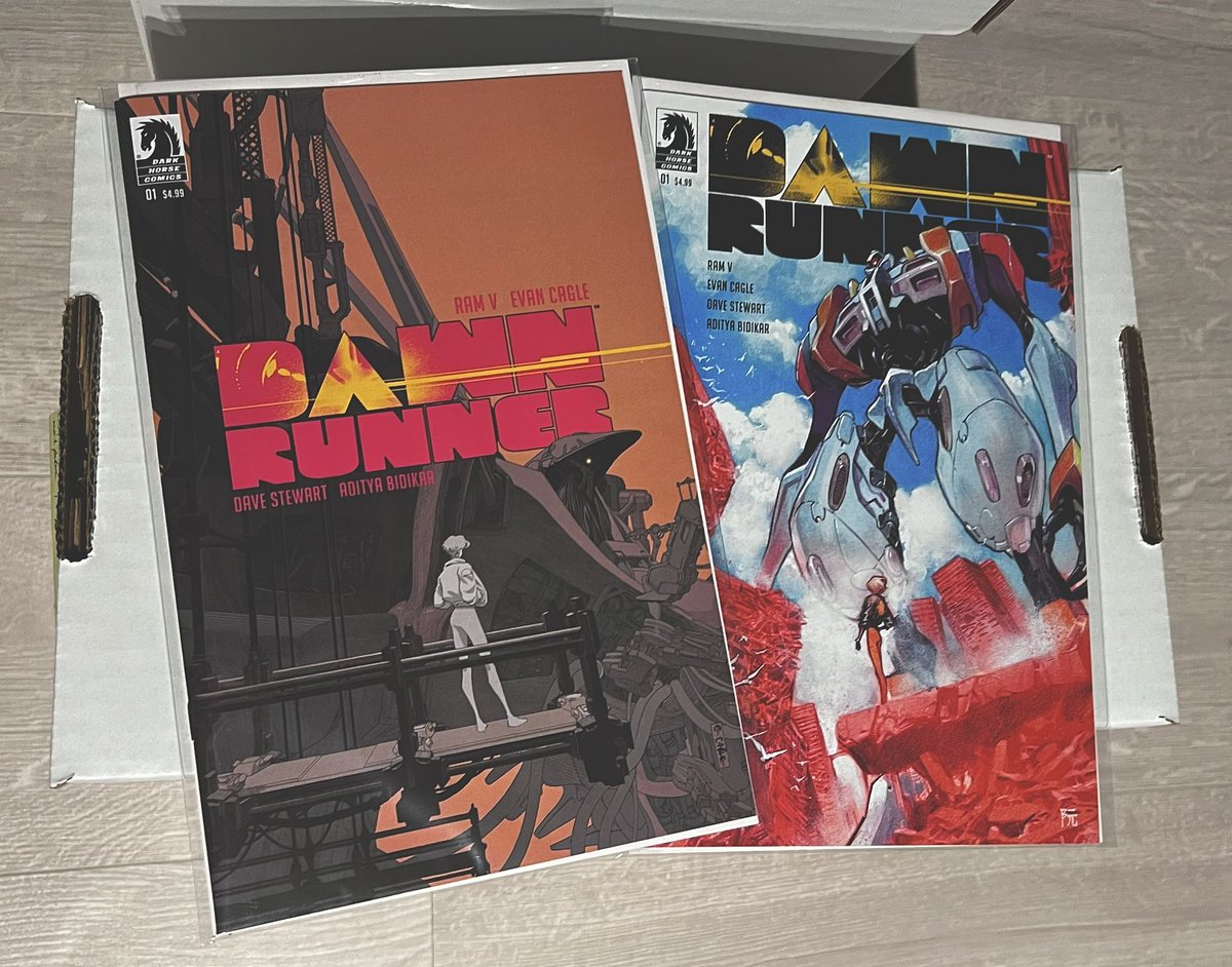 Just read Dawn Runner #1 It’s a good bet with any @therightram book, that when you think you know where it’s going, the story takes a turn into the unexpected. @cagle_evan’s art is crazy dynamic here, reminding me of Peter Chung’s Aeon Flux/Phantom 2040. Mesmerising mecha mayhem!