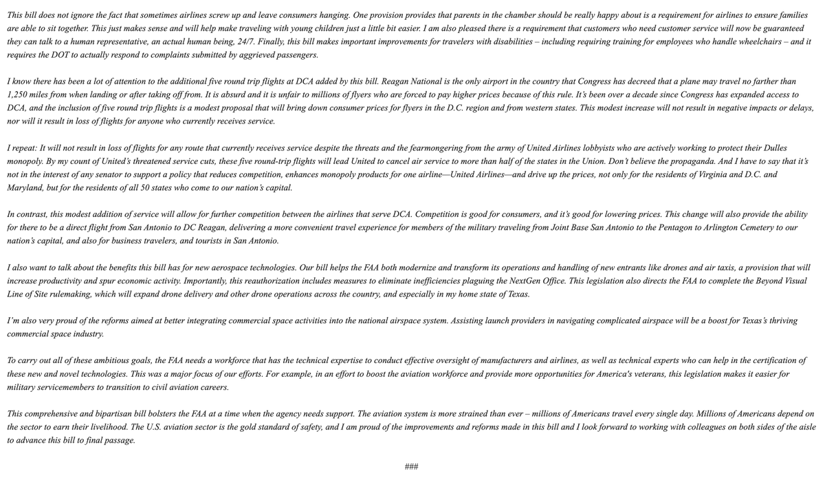Inbox: remarks from @SenTedCruz — ranking member of the Commerce Committee — touting the FAA reauthorization bill. Highlights the new direct flight from San Antonio to DCA: 'Competition is good for consumers, and it’s good for lowering prices'