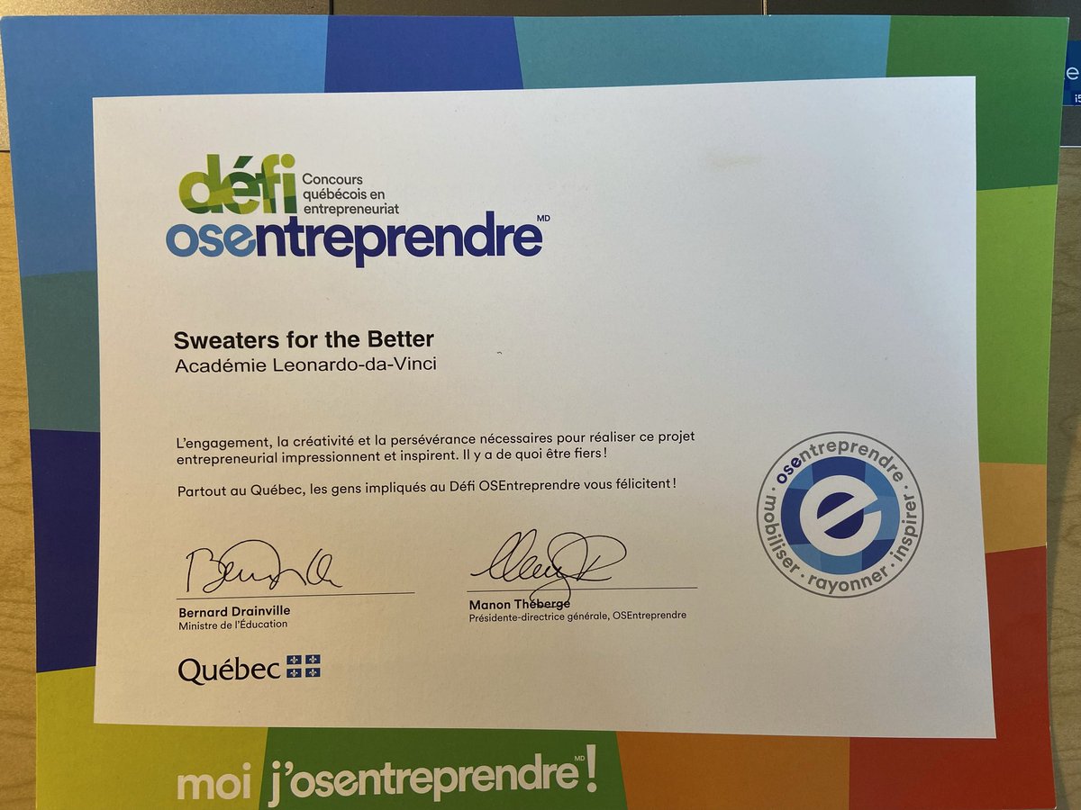Congratulations to our grade 6 entrepreneurs’s personalized hoodies and t-shirts project “Sweaters for the Better” who were recognized as an outstanding finalist at the primary level in Quebec! Way to go!!! 😀 🏆 @EnglishMTL
