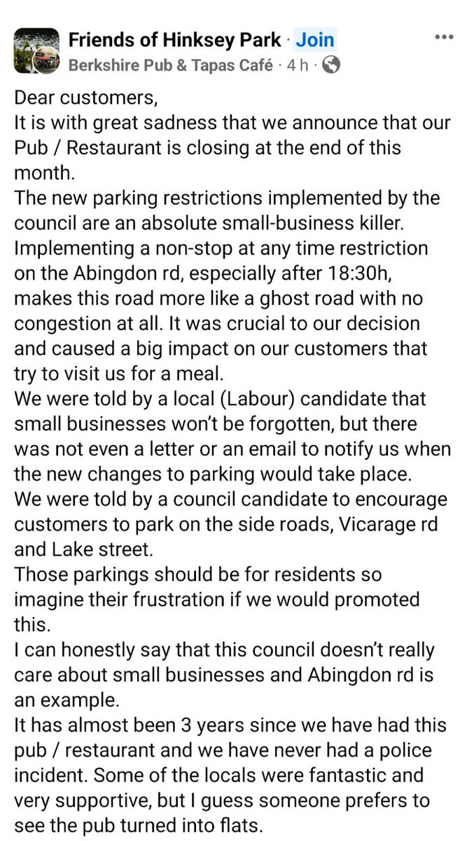 This stark message is being repeated across Oxford. Independent businesses are failing, and they consistently say the same thing: their demise is being bought about by new council traffic restriction. End this nightmare, clear out incumbent councillors. Vote independent.