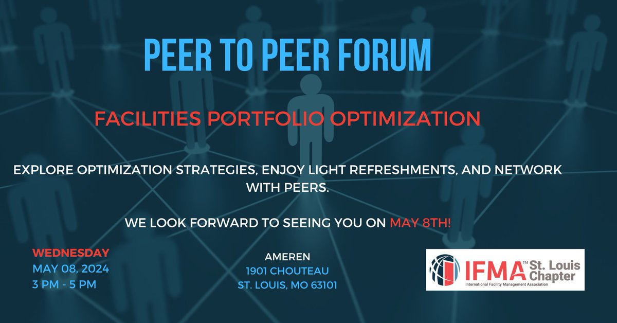 🚨 1 week to go! Join us at Ameren, St. Louis, for our Peer Forum on Facilities Portfolio Optimization! 🗓️ May 8th, 3-5 PM.

🔗 Secure your spot now! ow.ly/QnRe50RiyQq #FacilitiesManagement #IFMASTL