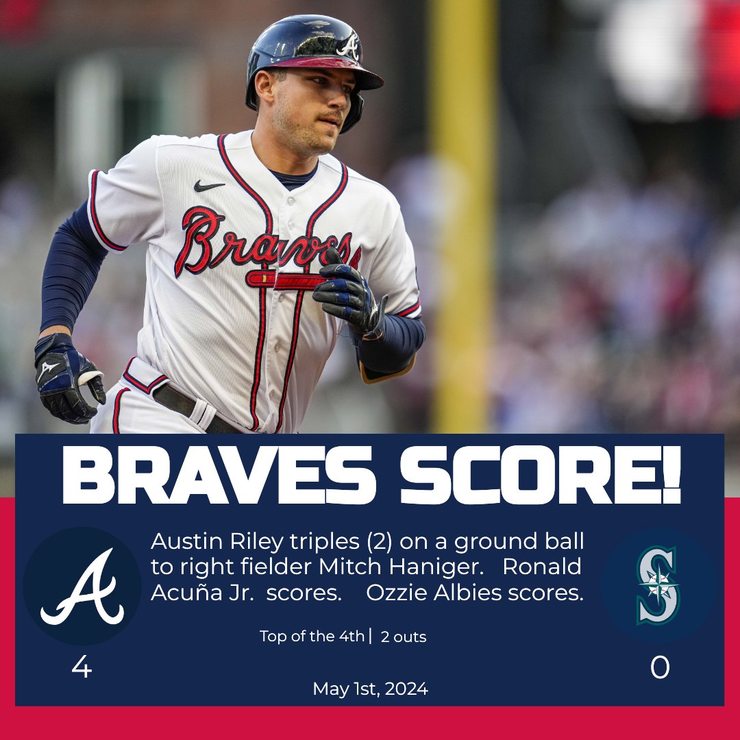 BRAVES SCORE!
Austin Riley triples (2) on a ground ball to right fielder Mitch Haniger.   Ronald Acuña Jr.  scores.    Ozzie Albies scores.

Braves: 4
Mariners: 0

Top of the 4th | 2 outs

#ATLvsSEA