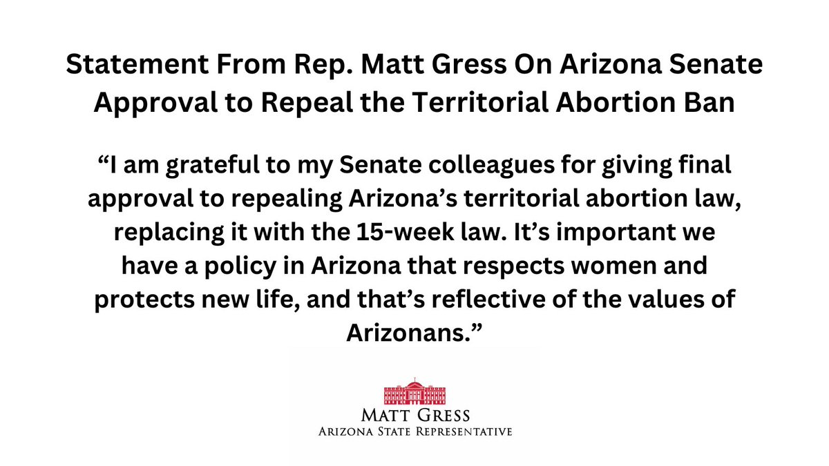 My statement on Arizona Senate approval to repeal the territorial abortion ban.