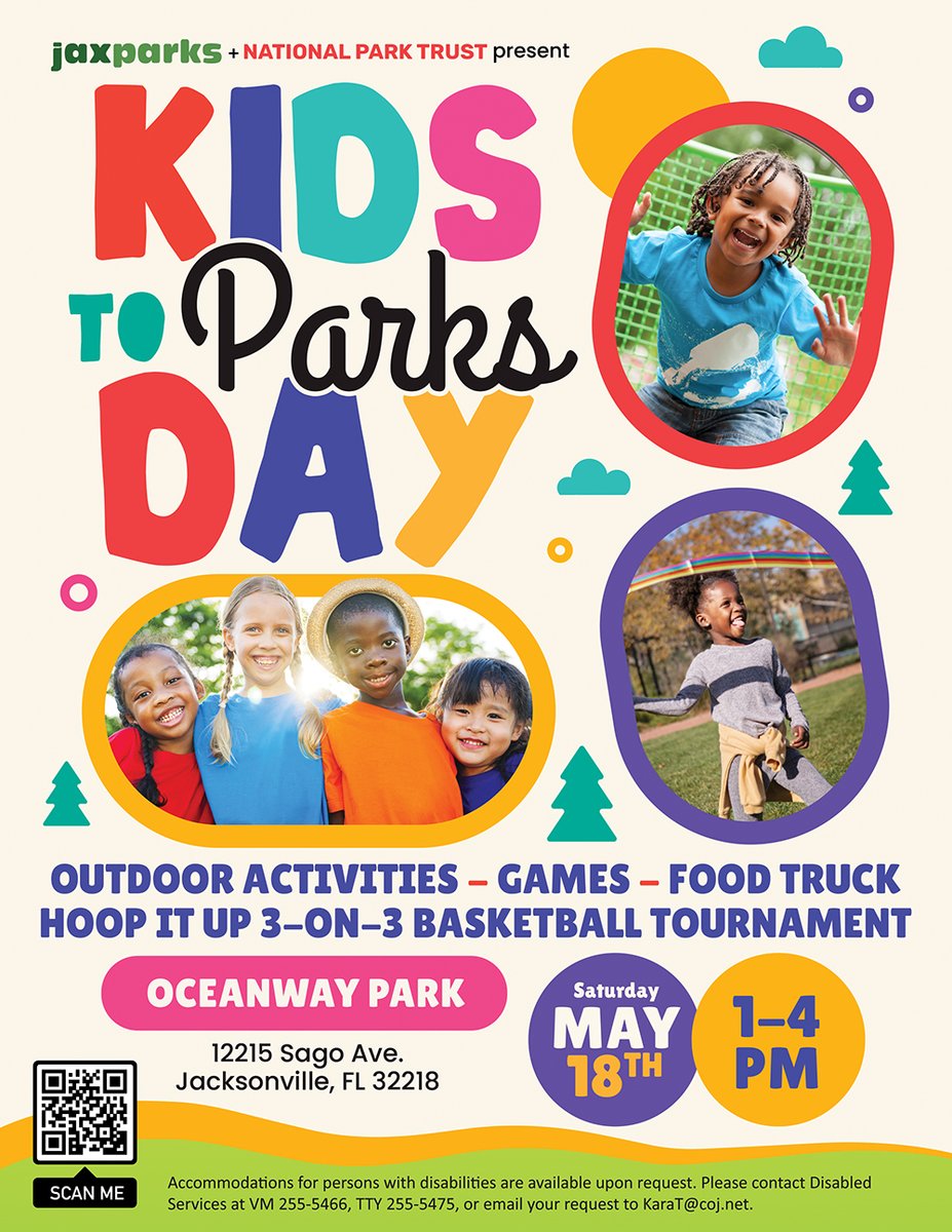 Get ready for National #KidstoParksDay, May 18 at Oceanway Park, 1pm – 4pm. There will be outdoor activities, games, Hoop It Up 3-on-3 Basketball Tournament & a lot of excitement! Also, our Aquatics team will be on-site recruiting lifeguards!
👧 12215 Sago Avenue, Jax, FL 32218
