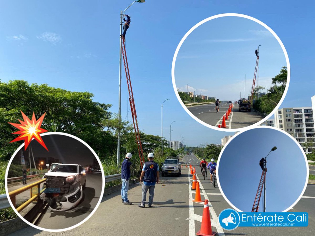 Así van quedando las iluminarías instaladas en el puente de Bochalema, donde en días anteriores hubo varios 4cc¡d€nt€s y los caleños se quejaron de mala señalización e iluminación. 🚙💡⚠️🚧