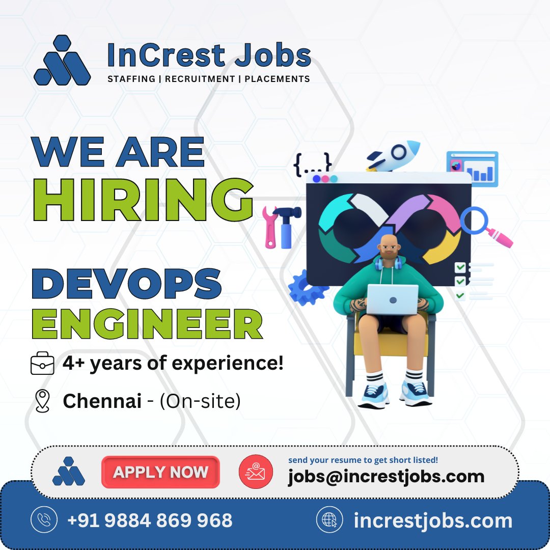 We are hiring a DevOps Engineer to streamline processes, enhance infrastructure, and drive efficiency in our projects.

send your resume to jobs@increstjobs.com

#InCresting #InCrestJobs #DevOpsEngineer #TechTalent #HiringNow #ApplyToday