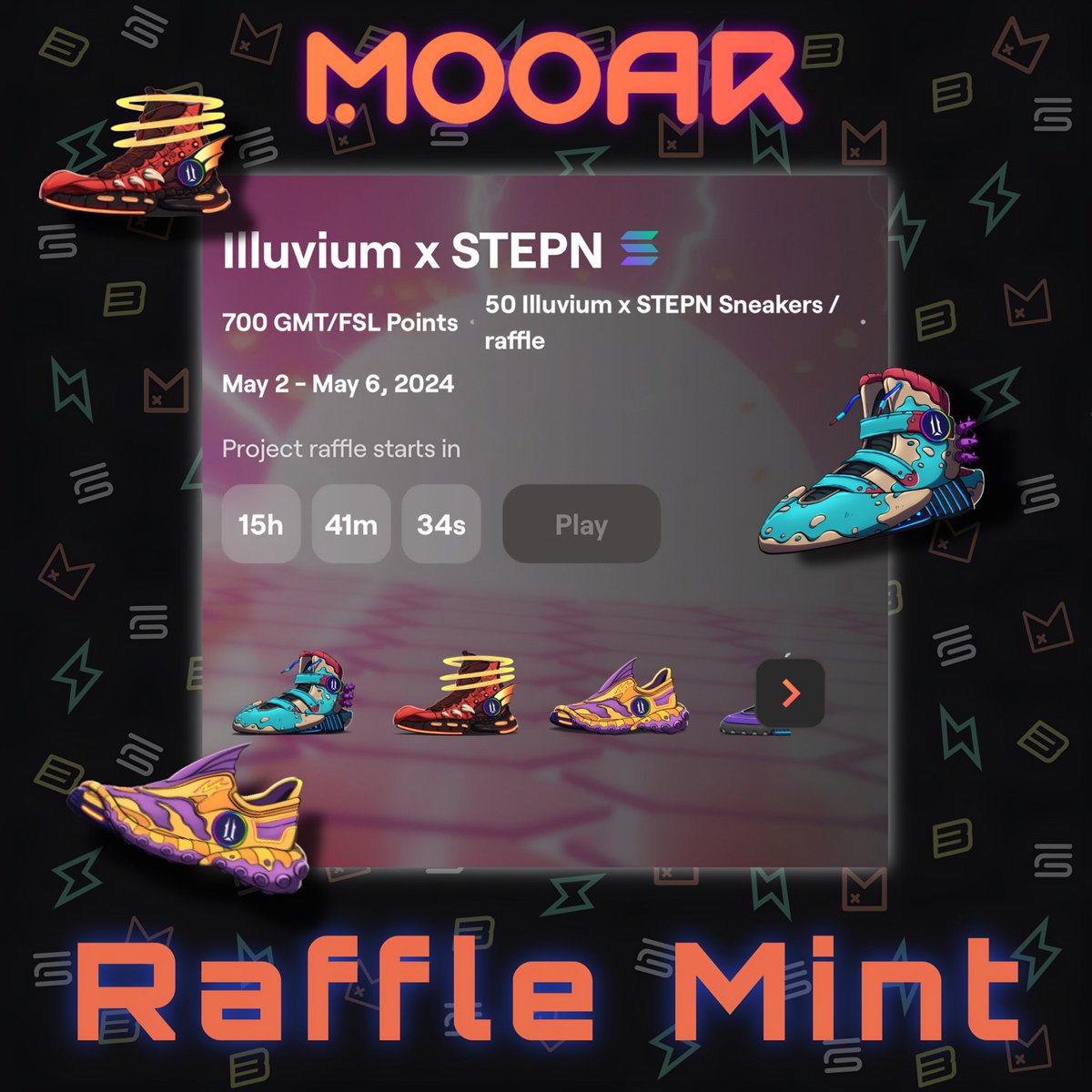 🤝 Illuvium x STEPN 
Raffle Mint on #MOOAR … SOON

mooar.com/rafflemint/ill…

🚀 199 OGs & 1 Genesis co-branded Sneakers will be available for raffle.

🗓️ May 2 - May 6, 2024
🚪 700 GMT/FSL Point per ticket 

🆙 Holders of the following NFT collections enjoy at least 50% higher…