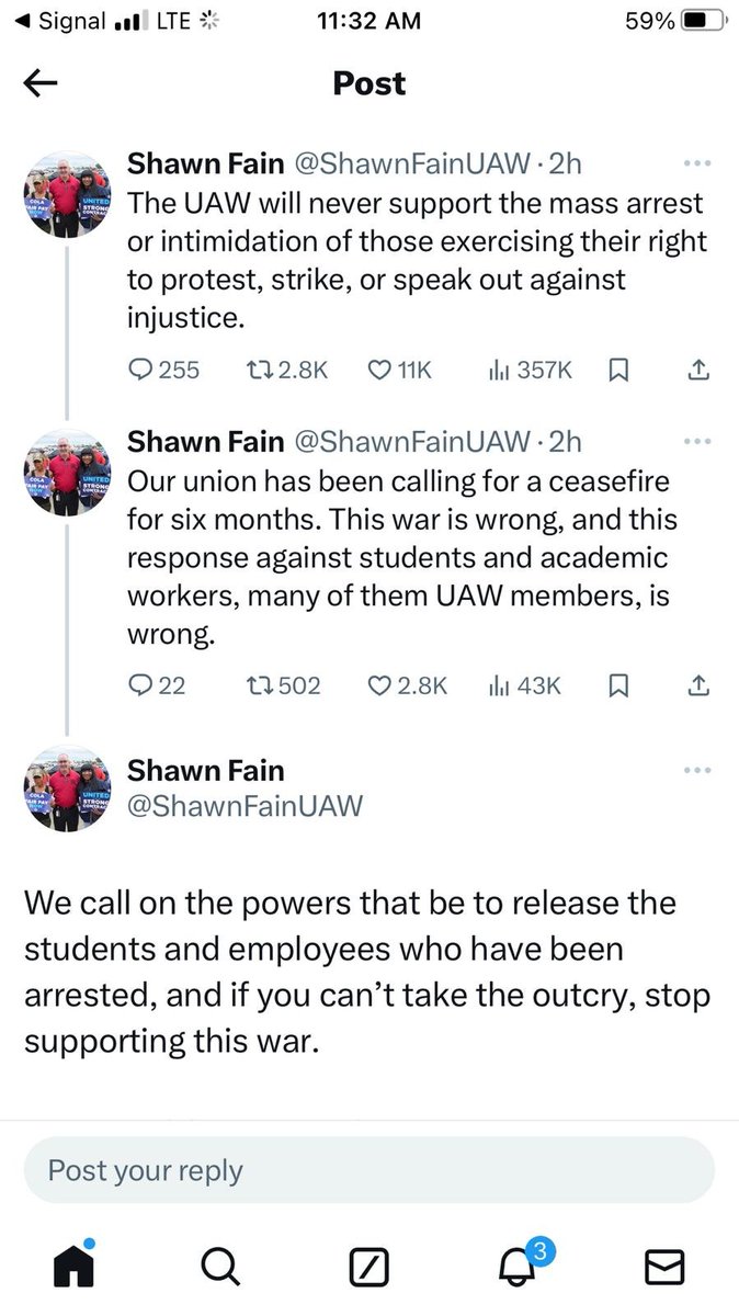 It's crucial @UAW Prez @ShawnFainUAW is condemning repression & mass arrests of antiwar protesters on campuses. Now's the time for Brother Fain & UAW leaders to rescind the endorsement of Biden, the warmonger-in-chief. The labor movement needs to say NO to both Biden & Trump.…