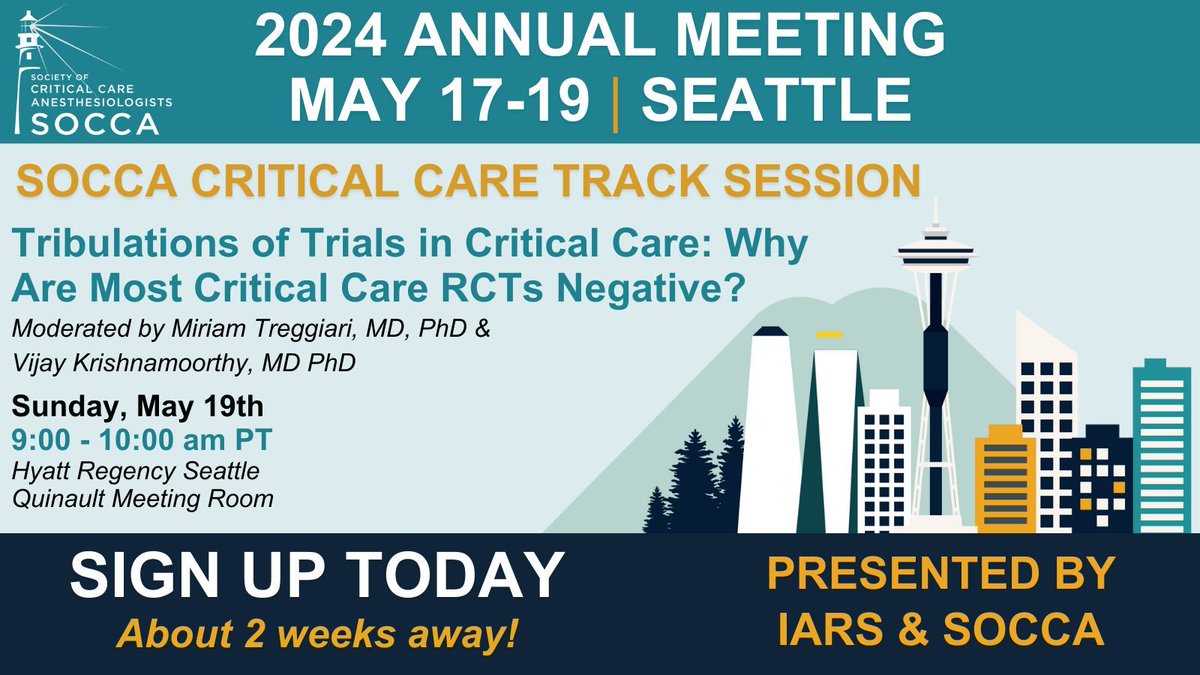 Don’t miss this SOCCA Critical Care Track Session: 'Tribulations of Trails in Critical Care: Why Are Most Critical Care RCT's Negative'' Sun, May 19th, 9:00-10:00am PT. Register today: buff.ly/3TWcRW3