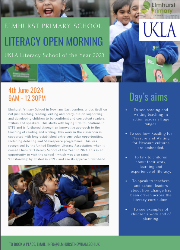 As we come to the end of our tenure as @The_UKLA's Literacy School of the Year, @ElmhurstPrimary is hosting an open morning on June 4th to share & discuss our reading & writing curriculums. The last one was FAB & it would be lovely to see YOU there! Details on signing up below: