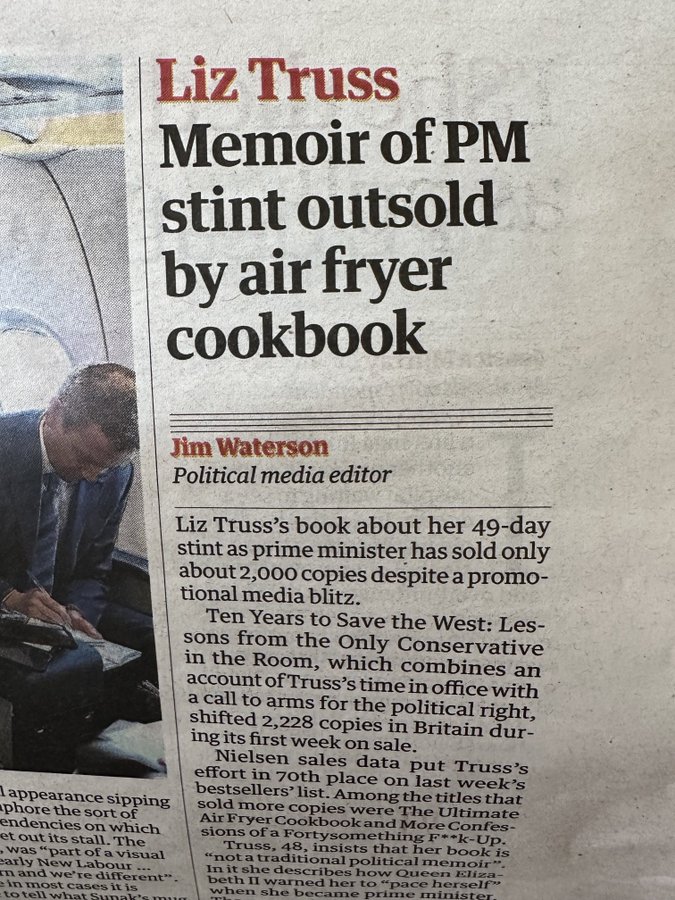 Only came across it now - so it was not just the lettuce that lasted longer than #LizTruss, but an air fryer cookbook outsold her too ... It would be crazily funny except for the fact that this woman is still dreaming of a second coming (just like #DonaldTrump).