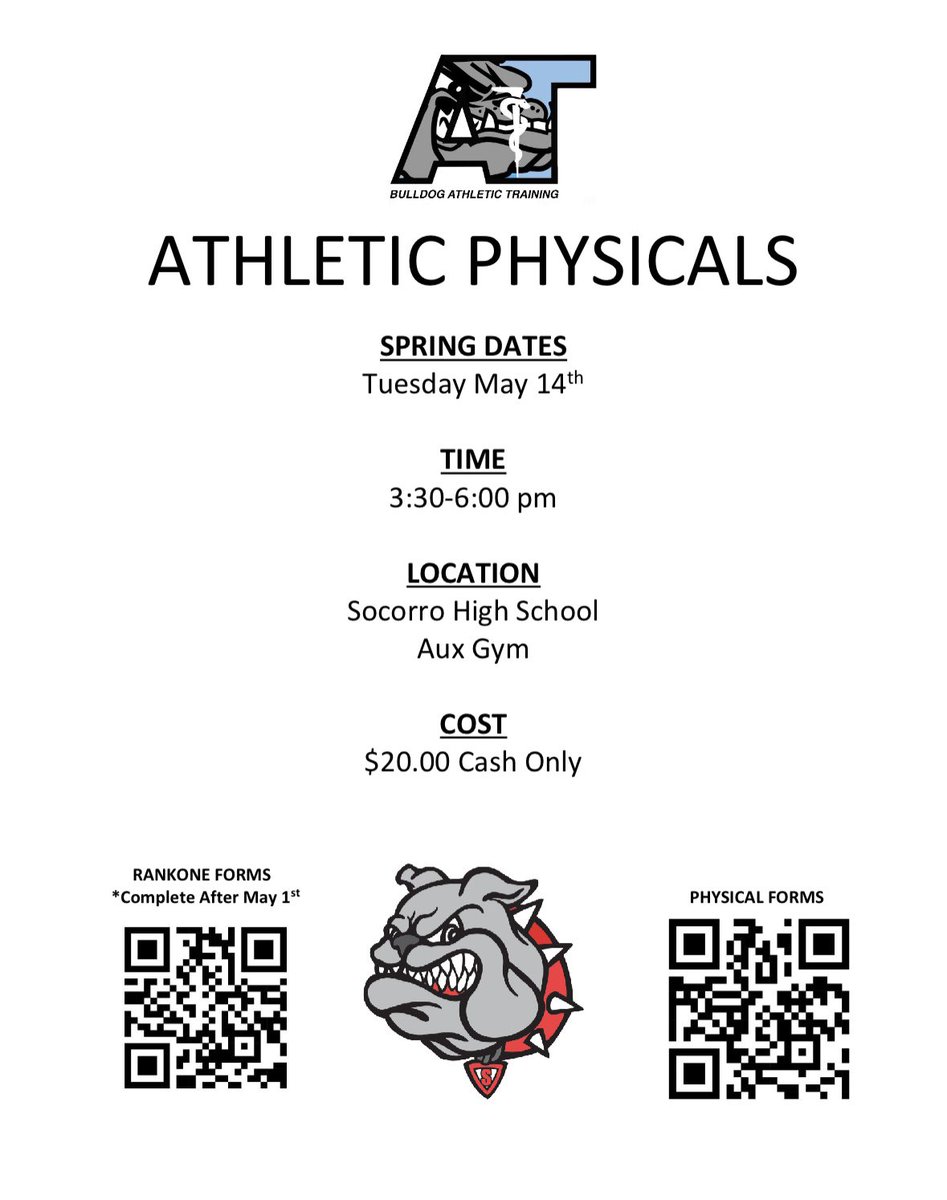🚨Mark your calendars 🚨 Athletic/Band physicals are about 2 weeks away. These are open to anyone in SISD. May 14th 330-6pm $20 cash at Socorro HS. @Socorro_HS1 @Coach_E_Cano @CoachFlo_23 @socovball21 @shs_dawgbball @LadyBulldogs_S @RLara01_SHS