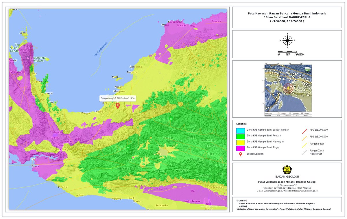 Terjadi #GempaBumi 18 km BaratLaut NABIRE-PAPUA.kedlmn 21.0Km,Zona:KRB Gempabumi Menengah.Cek Analisis Geologi Gempabumi Signifikan vsi.esdm.go.id Dibuat Secara Otomatis oleh #PVMBG #BadanGeologi Parameter gempa: BMKG