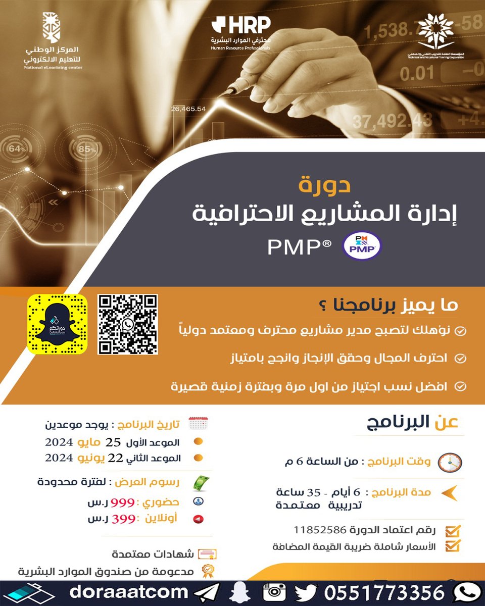 #دورات_الرياض + #أون_لاين 

#دورة #إدارة_المشاريع الاحترافية PMP 
 السبت 17 ذو القعدة // 25 مايو  
6 أيام  
6 مساء  
للرجال والنساء بشهادة #معتمدة   
حضوري : 999 ريال  
أون لاين : 399 ريال  
للتسجيل :
doraaatcom.com/courses/%d8%a7…