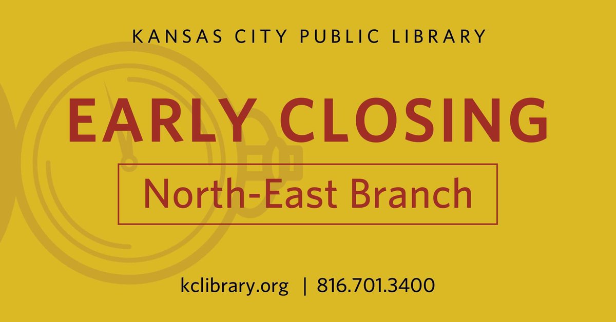 🚨Patron Notice: The North-East Branch will close early today (5/1) at 5 p.m. due to staffing issues. We apologize for any inconvience. See a full list of locations and hours at kclibrary.org/locations