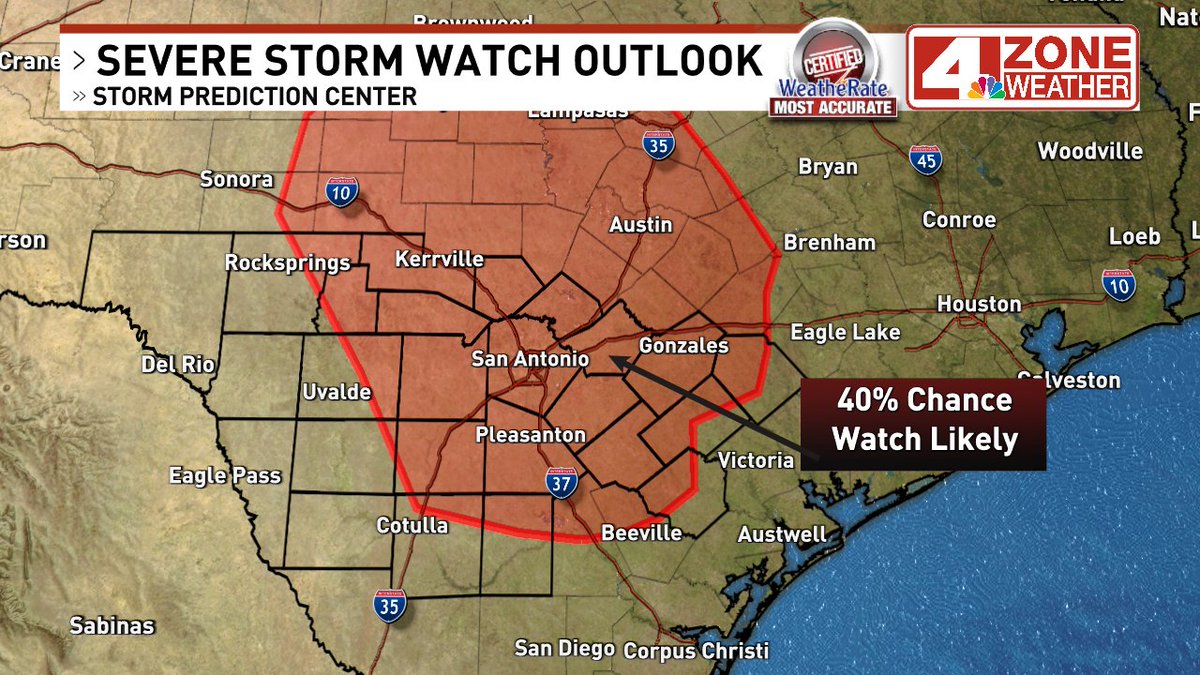 Our area being monitored for a possible severe thunderstorm watch over next 1 to 2 hours. Storm Prediction Center puts it at a 40% chance of being issued as they monitor trends