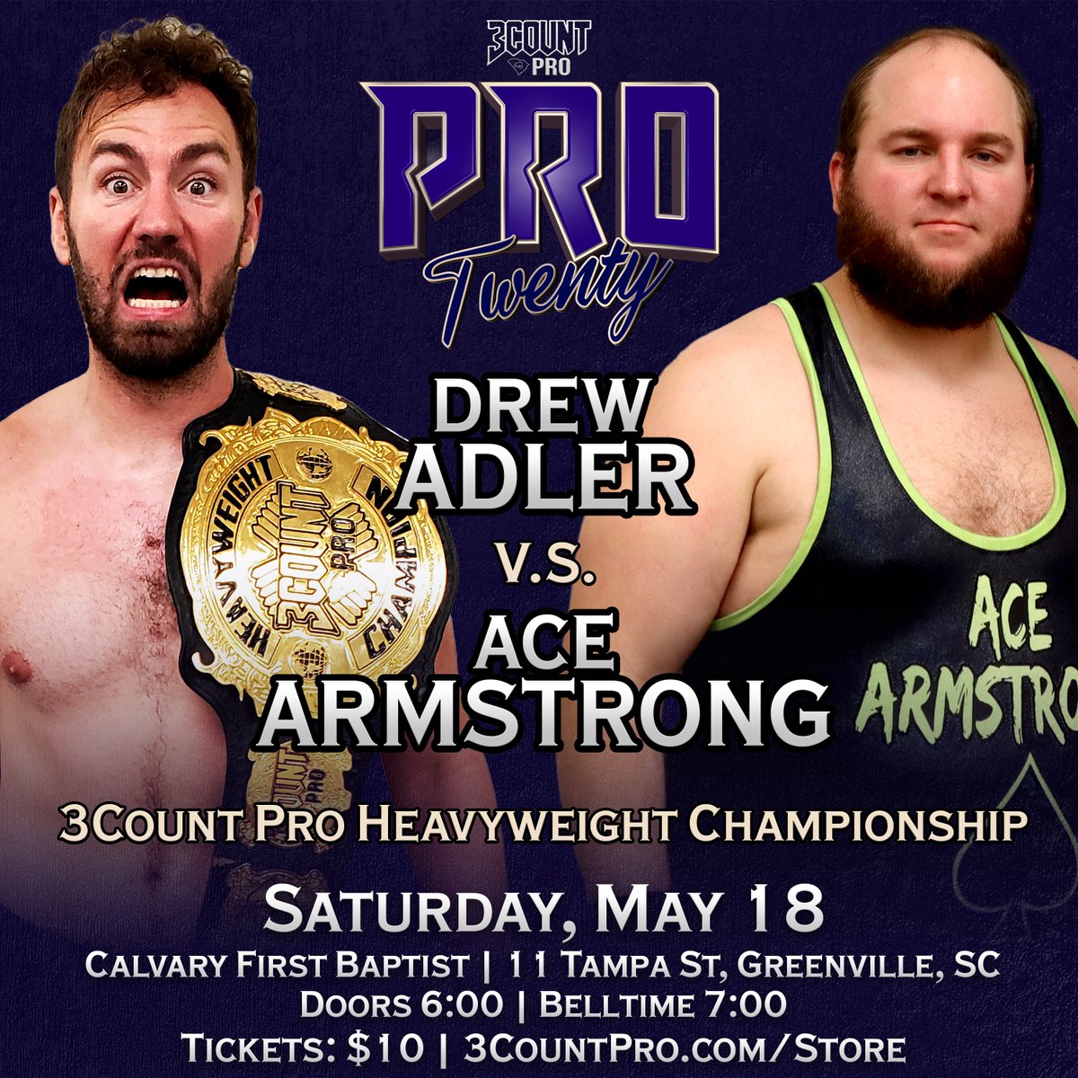 3CountPro's tweet image. 🚨 MATCH ANNOUNCEMENT 🚨

At Pro20, the veteran Ace Armstrong will be back in the ring for the first time since August 2023. Last time, he fought for the 3Count Heavyweight Title. Now, he wants another shot, as he faces Drew Adler.

🎫 Get your tickets at 3countpro.com/store!